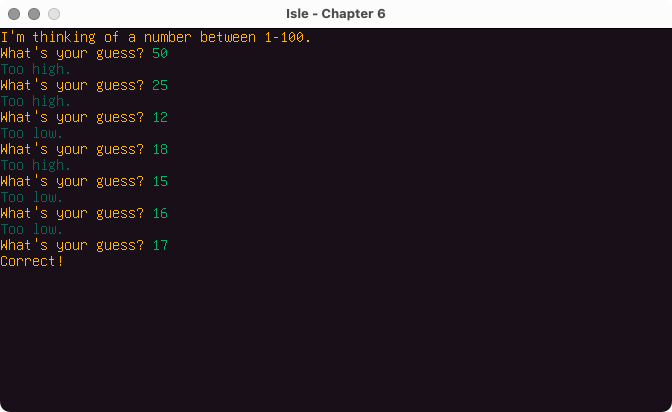 Screenshot of Verilator/SDL window showing Isle guessing game.
