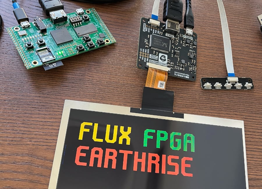 ULX3S dev board connected to 1024x768 LCD panel via HDMI to LVDS adaptor.