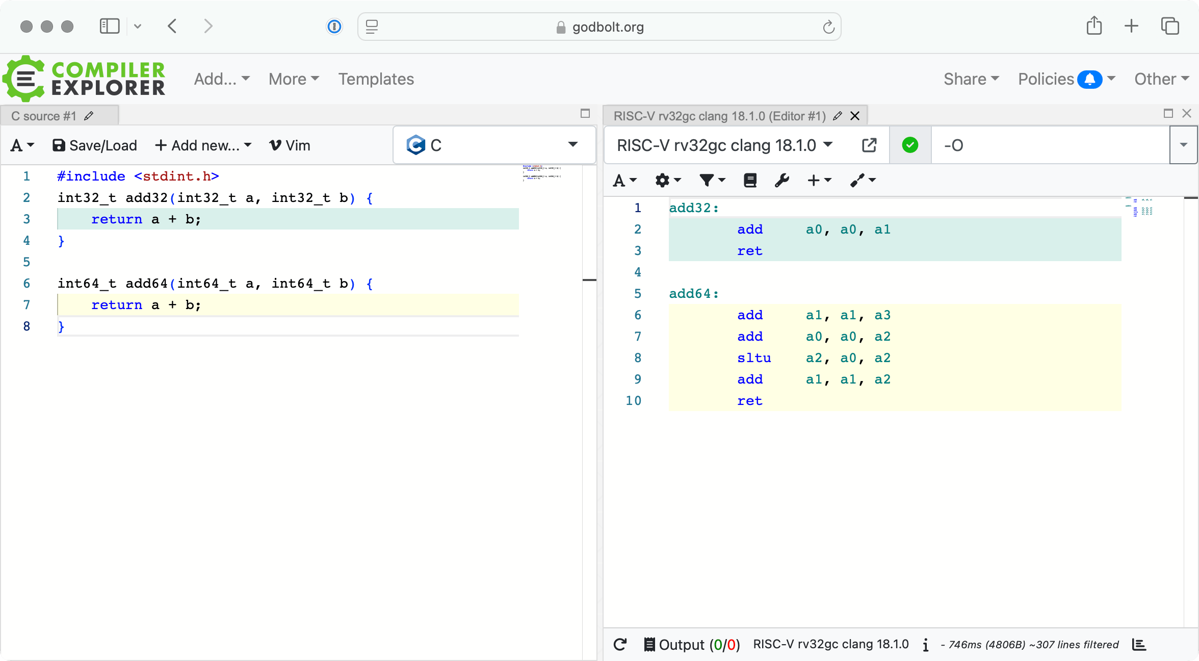 32-bit and 64-bit Addition in Compiler Explorer